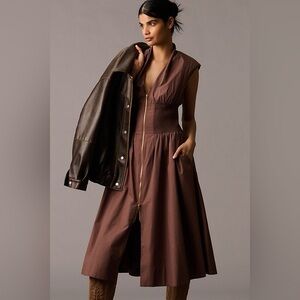 Anthropologie Tommie Cap Sleeve Smocked Front-Zip Midi Dress M